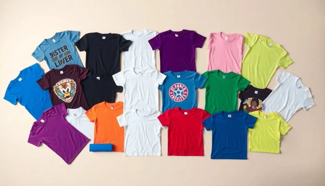 A collection of various graphic t-shirts laid out on a flat surface, showcasing a range of colors and graphic designs, including plain and printed options, emphasizing diversity in style and fashion.