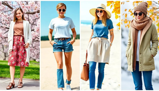 A series of four women showcasing different seasonal outfits. 