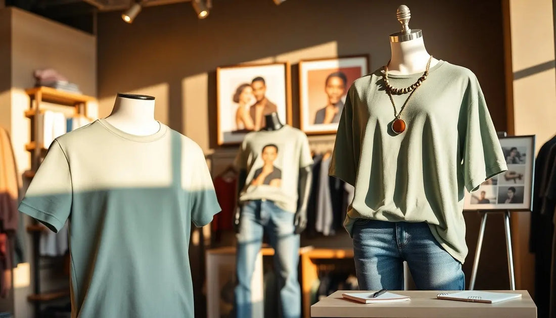 A stylish boutique display featuring mannequins dressed in casual green t-shirts, with one styled with jeans and a necklace. The backdrop includes framed photos and shelves with clothing, creating a warm, inviting shopping atmosphere.