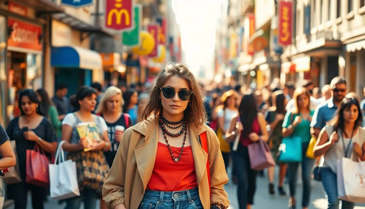 A fashionable young woman wearing sunglasses, a layered necklace, an orange top, and a tan jacket walks confidently through a bustling city street filled with people and store signs, exuding urban style and individuality.