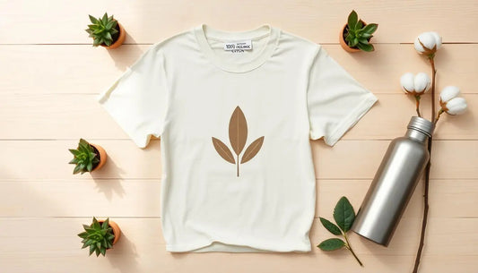 A cream-colored t-shirt with a minimalist leaf graphic design laid on a wooden surface, surrounded by small potted plants, cotton branches, and a metal water bottle, emphasizing eco-friendly and sustainable fashion.