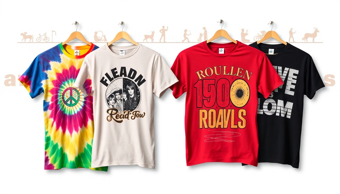 Four graphic tees hanging on wooden hangers, featuring designs such as a tie-dye peace symbol, a retro band print, bold red and yellow typography, and a minimalist text graphic.