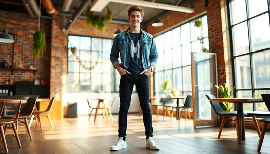 A young man standing confidently in a stylish, modern café with industrial and brick accents. He is wearing a denim jacket over a graphic t-shirt, paired with dark jeans and white sneakers, exuding a casual yet trendy look.