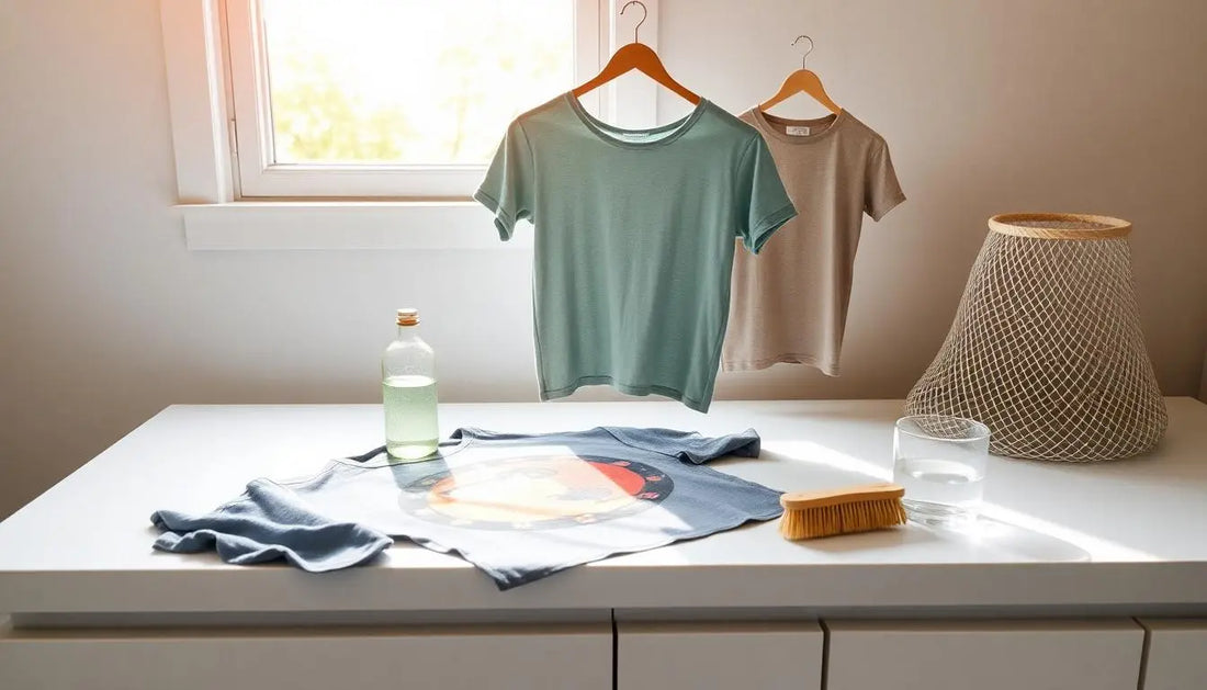 A tidy laundry setup featuring two t-shirts hanging on wooden hangers and a graphic t-shirt laid flat on a dresser.