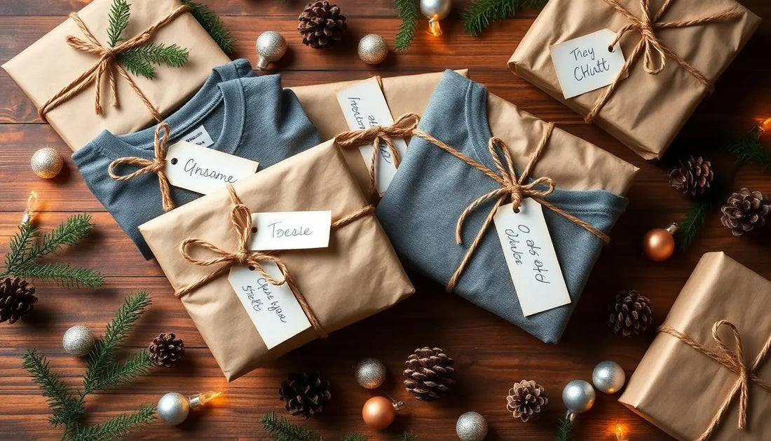  A collection of wrapped gifts and neatly folded shirts, adorned with rustic twine and handwritten tags, arranged on a wooden table surrounded by pinecones, evergreen sprigs, and holiday ornaments, creating a festive and cozy holiday scene.