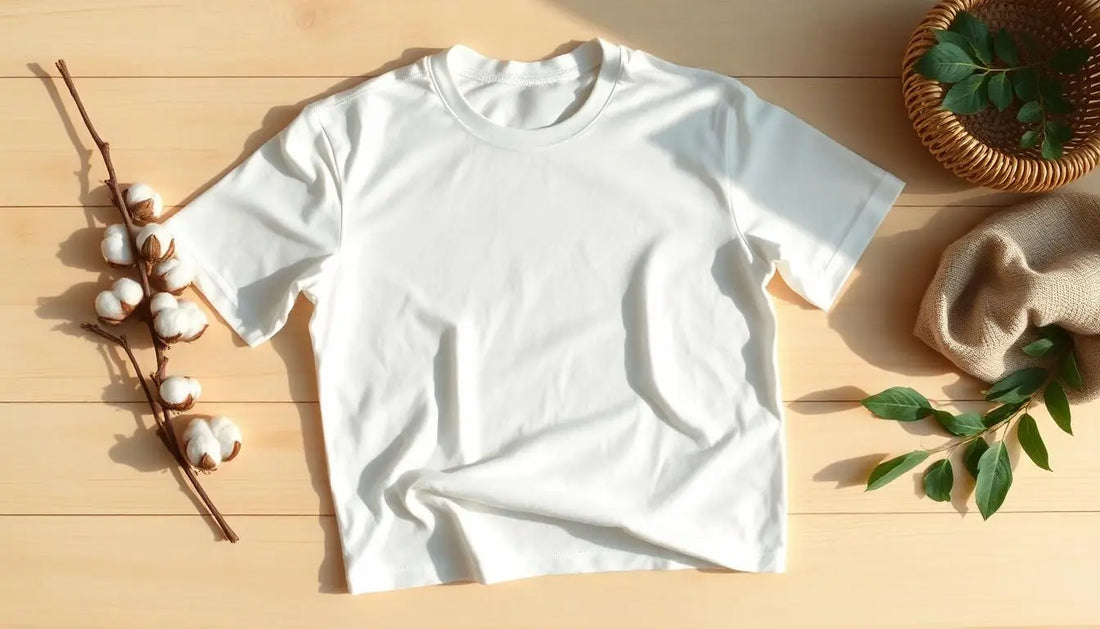 A plain white cotton t-shirt laid out on a wooden surface, surrounded by cotton branches, a woven basket, and green leaves, highlighting its natural and comfortable material.