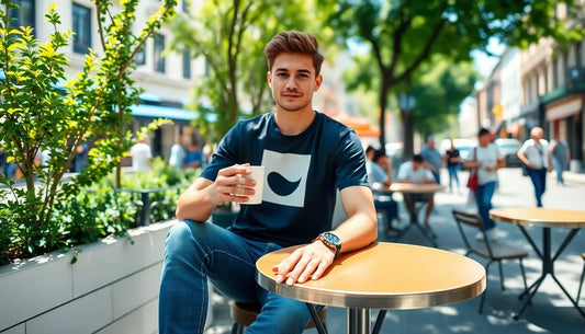 A young man sitting at an outdoor café table, wearing a stylish graphic tee and holding a coffee cup, with a lively street scene in the background.