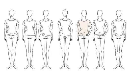 A series of outlined figures showcasing different shirt fits on a female model, illustrating various styles and silhouettes in a side-by-side comparison.