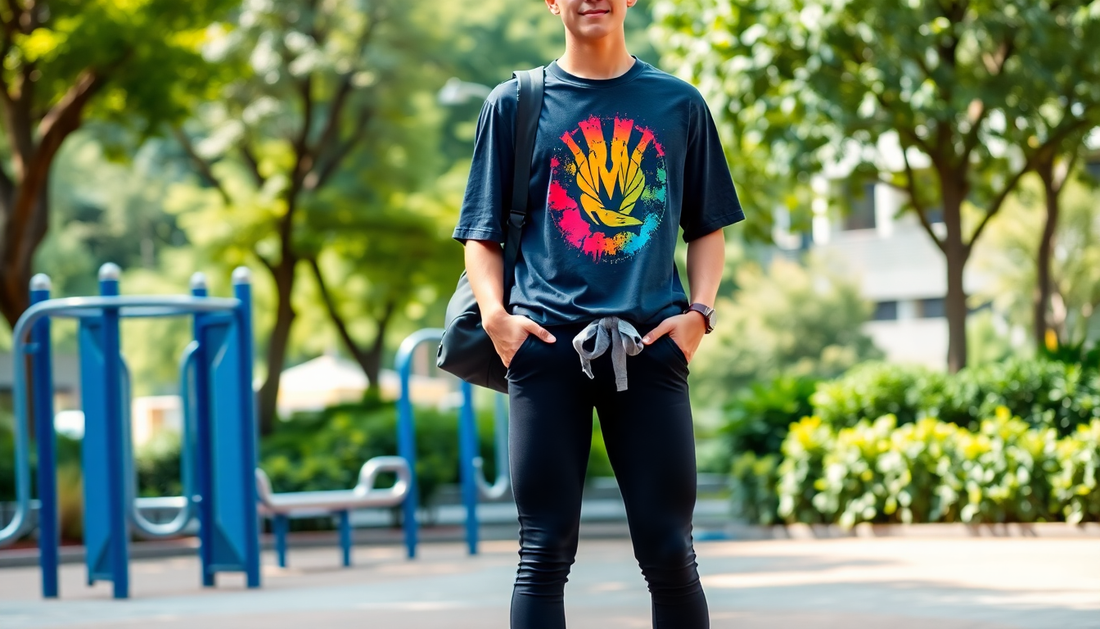 Person wearing a black graphic tee with a colorful hand design, styled with black leggings and a tied sweatshirt, standing in an outdoor park setting.