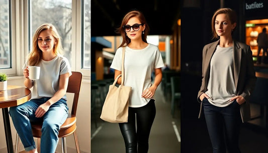 Three women showcasing different ways to style a white t-shirt: casual with coffee, chic with a tote, and business-casual with a blazer.