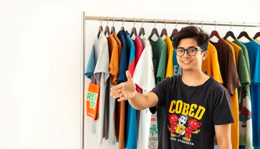 A young man wearing glasses and a graphic t-shirt extends his hand for a handshake while standing in front of a clothing rack filled with various colorful t-shirts on hangers.