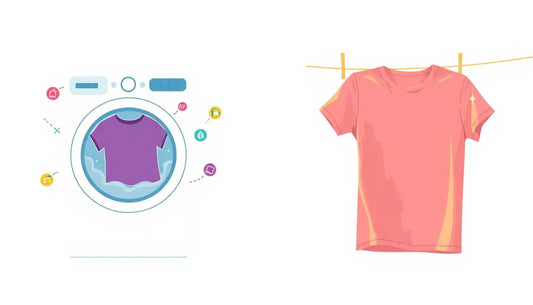 Illustrated depiction of a washing machine with a purple shirt inside on the left and a freshly washed pink shirt hanging on a clothesline on the right, representing steps for proper shirt washing and drying.