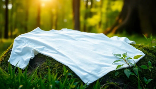 A white t-shirt displayed on a moss-covered rock in a lush forest setting, symbolizing eco-friendliness and a connection to nature.