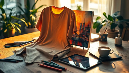 A beige t-shirt is displayed on a wooden table, surrounded by art supplies including colored pencils, a digital tablet, a cup of coffee, and a painting of a cityscape in the background, creating an artistic and cozy atmosphere.