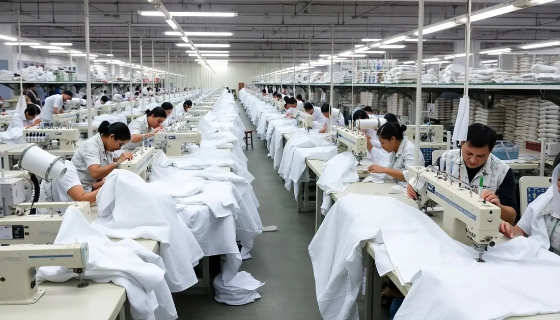 Workers sewing cotton on sewing machines in a large, well-lit garment factory, showcasing rows of production tables and workers focused on their tasks.