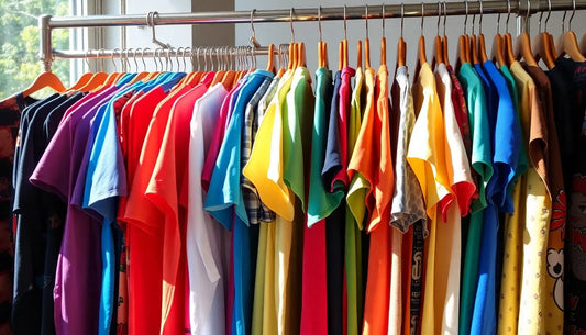 A colorful array of t-shirts neatly hung on wooden hangers, displayed on a clothing rack. The t-shirts range in bright colors including red, blue, yellow, green, and orange, with some patterns visible, illuminated by natural light from a nearby window.