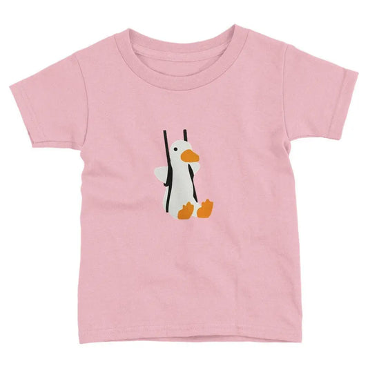 Pink cotton kids' T-shirt featuring a cute duck graphic sitting on a swing.