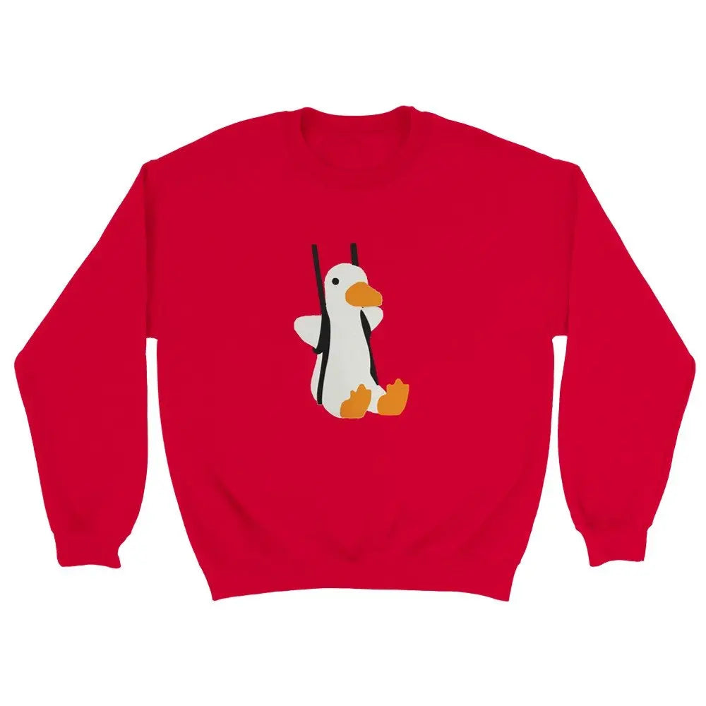 Red cotton sweatshirt with a cute duck on a swing graphic, perfect for at home or playful casual wear for winter outfits.