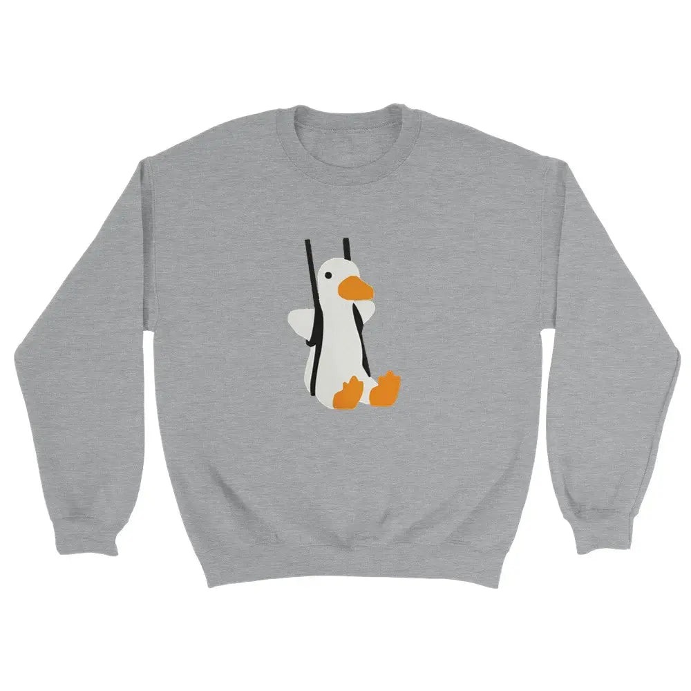 Grey cotton sweatshirt with a cute duck on a swing graphic, perfect for at home or playful casual wear for winter outfits.