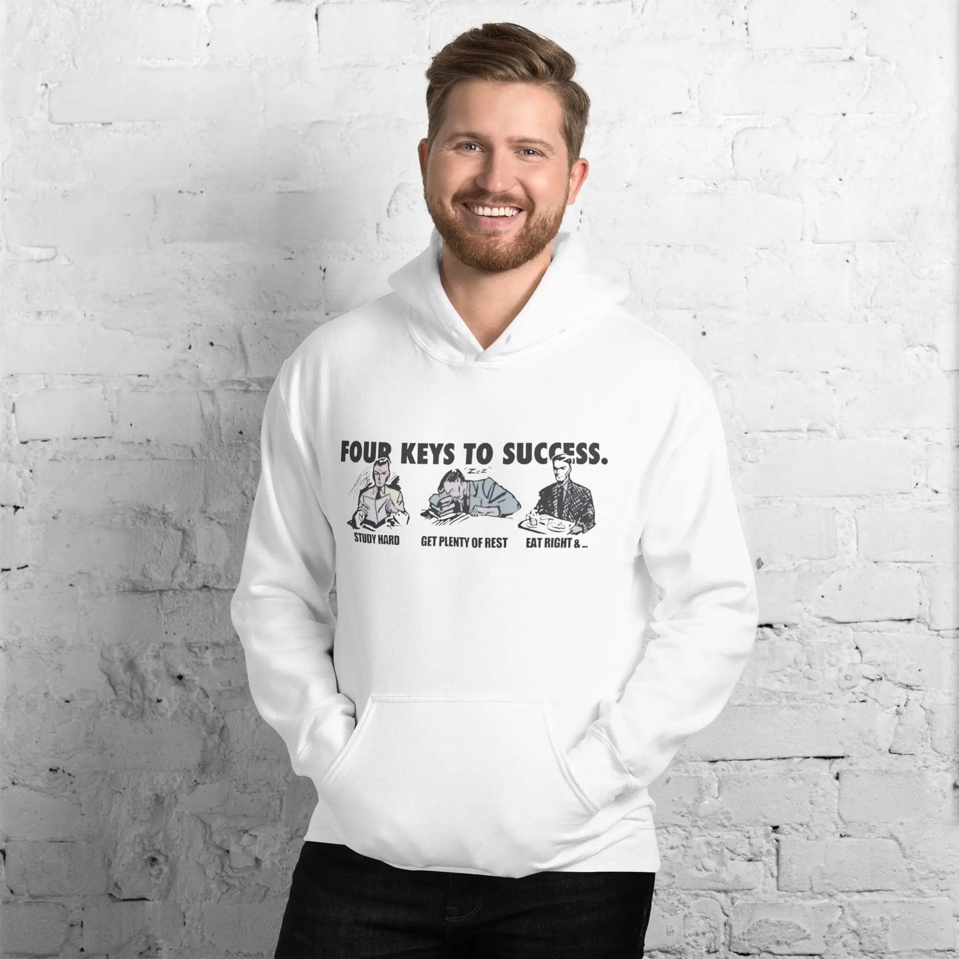 Four Keys To Success Hoodie - Retro Graphic Sweatshirt for Students, Office Humor, and Motivational Gift - Clothing Empire