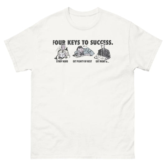 White T-shirt with "Four Keys to Success" graphic: "Study Hard," "Get Plenty of Rest," "Eat Right &..."