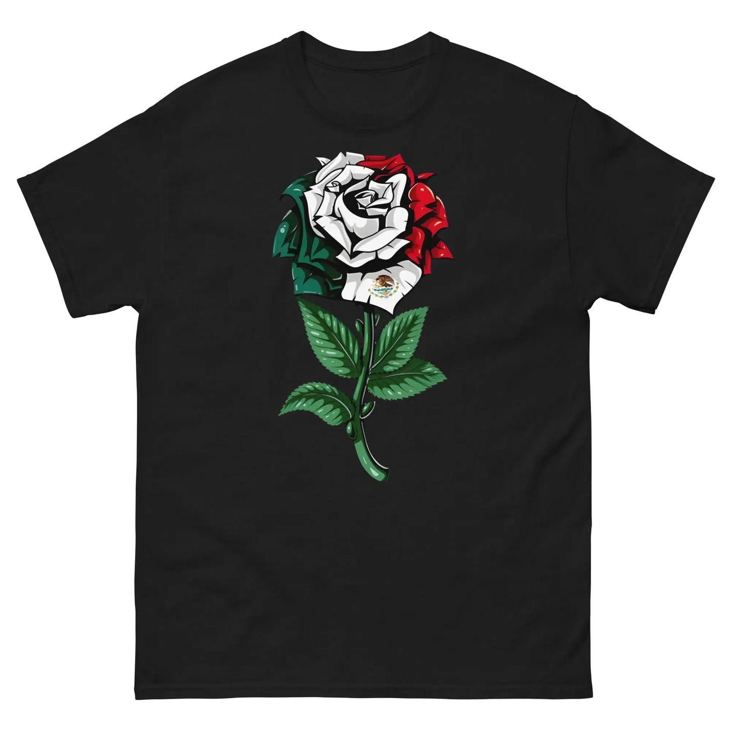 Black shirt featuring a detailed rose with Mexican flag colors and emblem, symbolizing cultural pride.