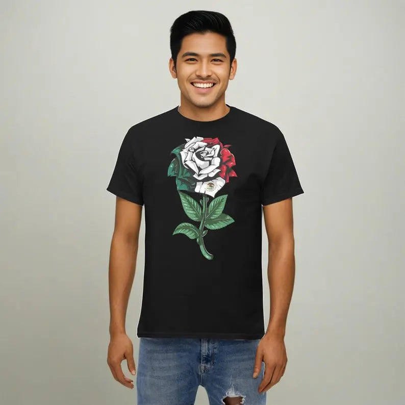 Black shirt featuring a detailed rose with Mexican flag colors and emblem, symbolizing cultural pride.