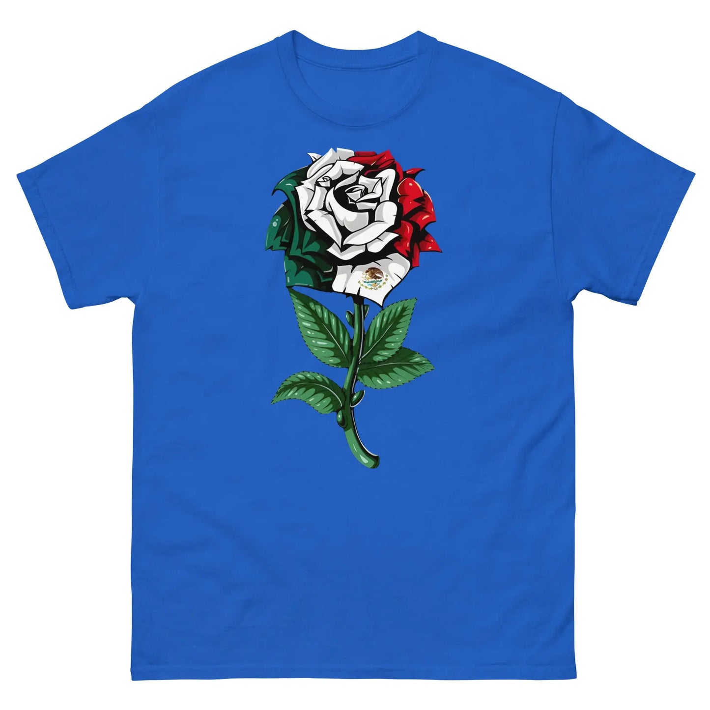 Blue shirt featuring a detailed rose with Mexican flag colors and emblem, symbolizing cultural pride.