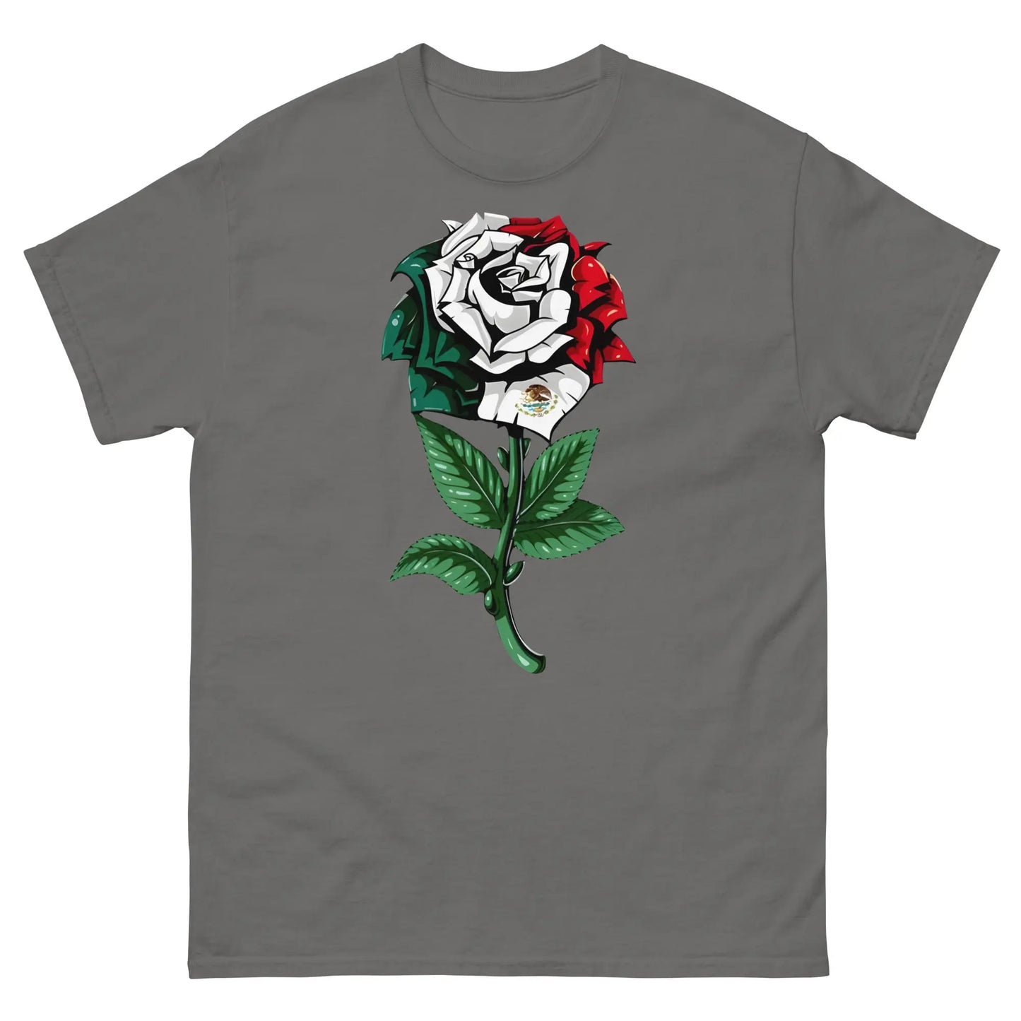 Grey shirt featuring a detailed rose with Mexican flag colors and emblem, symbolizing cultural pride.