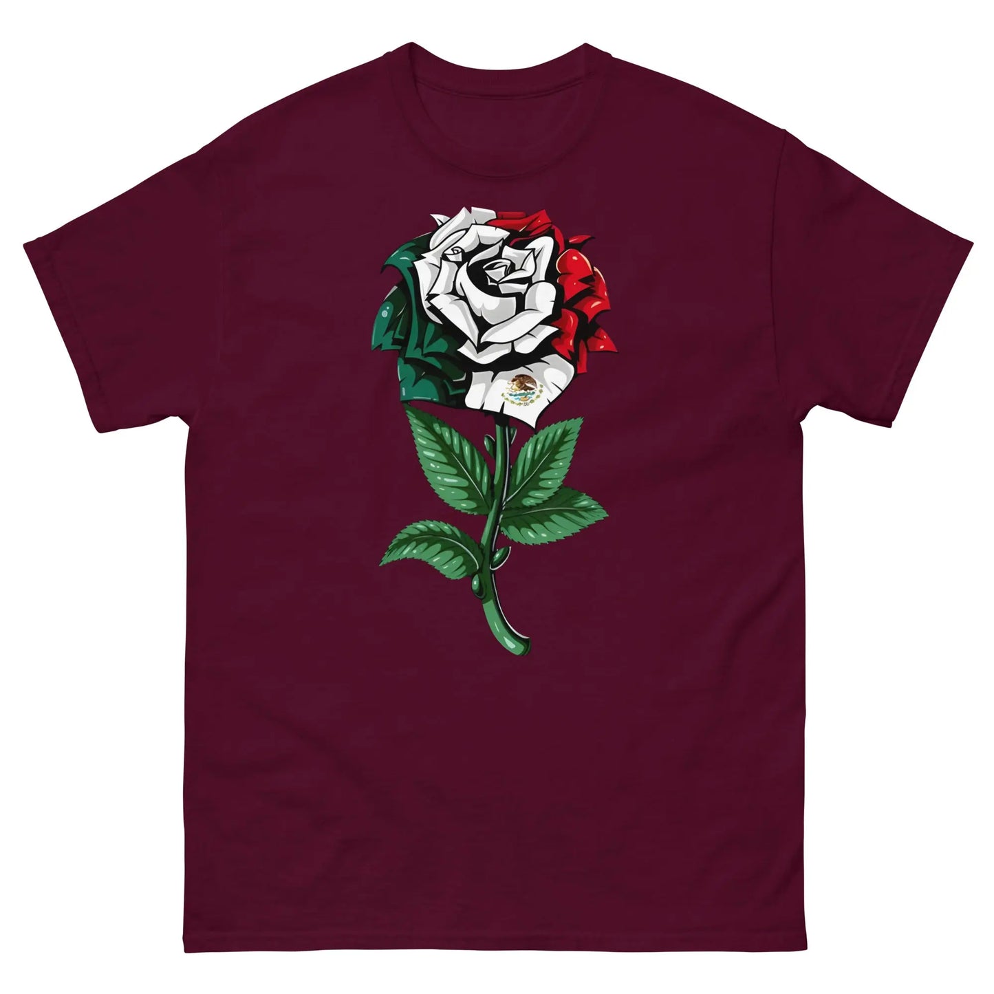 Maroon shirt featuring a detailed rose with Mexican flag colors and emblem, symbolizing cultural pride.