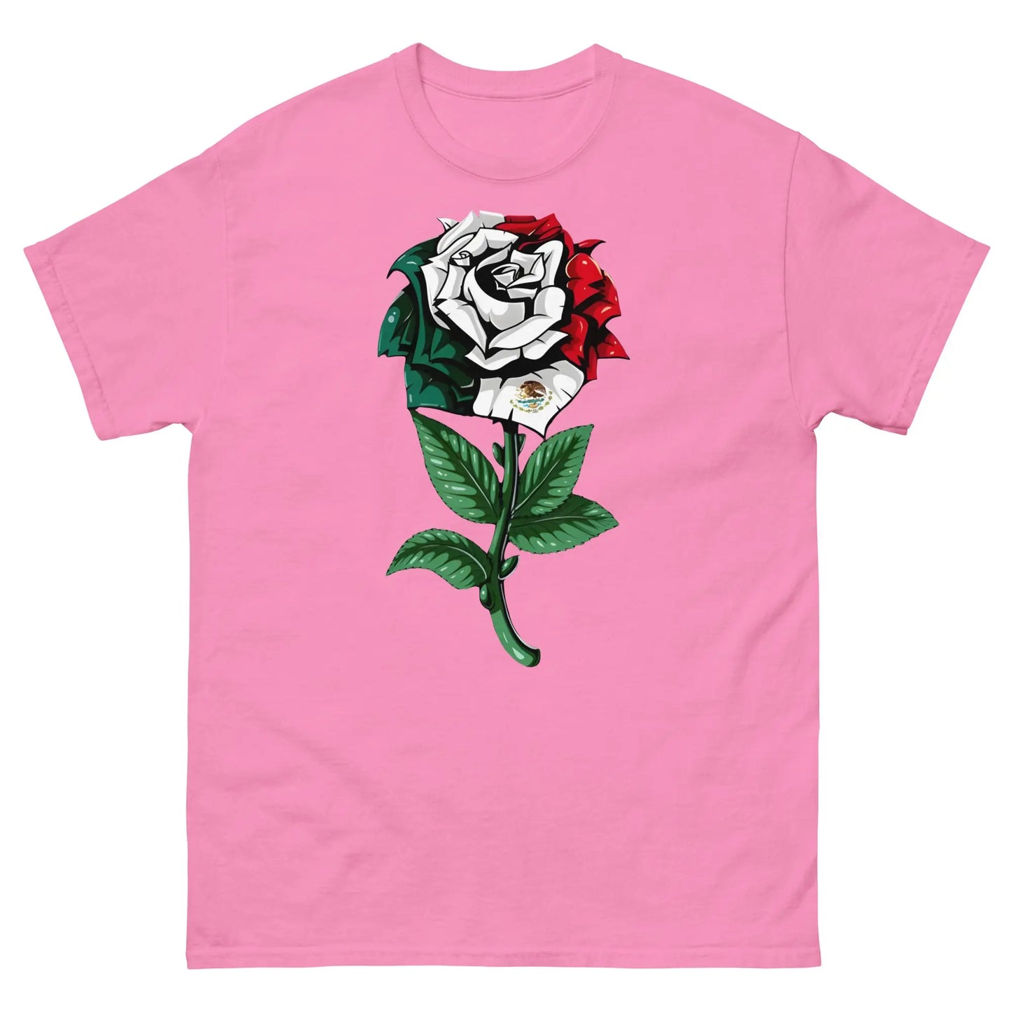 Pink shirt featuring a detailed rose with Mexican flag colors and emblem, symbolizing cultural pride.