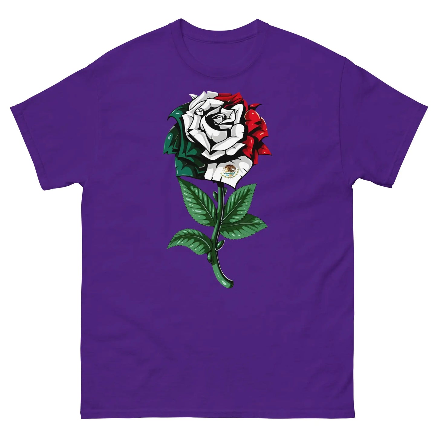 Purple shirt featuring a detailed rose with Mexican flag colors and emblem, symbolizing cultural pride.