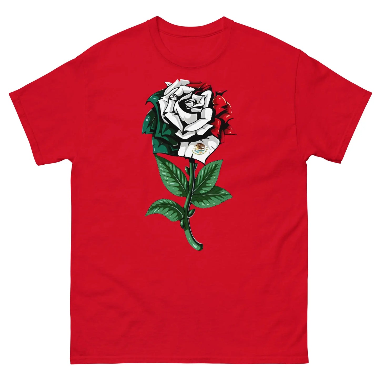 Red shirt featuring a detailed rose with Mexican flag colors and emblem, symbolizing cultural pride.