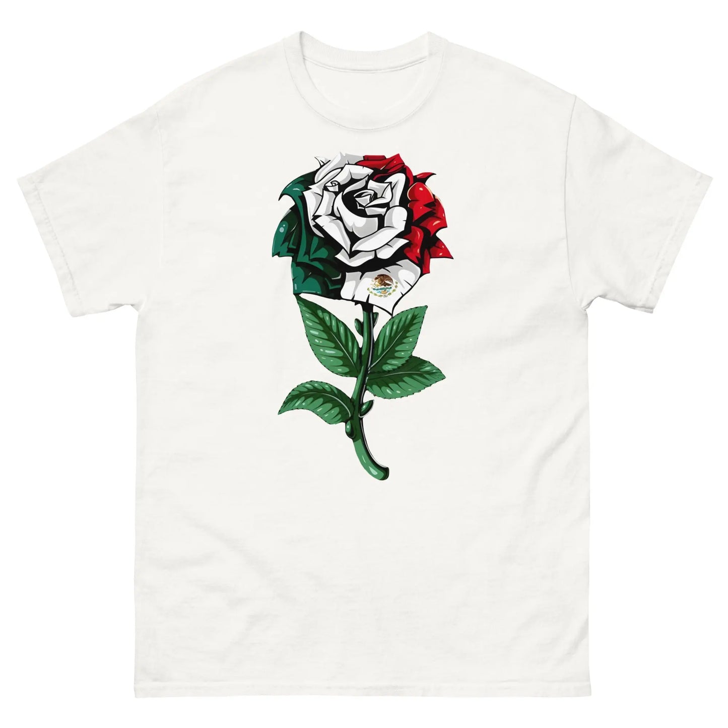 White shirt featuring a detailed rose with Mexican flag colors and emblem, symbolizing cultural pride.