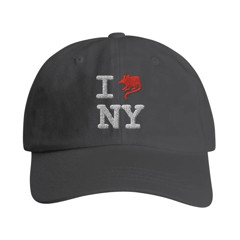 Black baseball cap with an embroidered design reading "I [rat graphic] NY." The iconic heart symbol is replaced with a red rat, giving a gritty, humorous twist to the classic "I heart NY" logo, reflecting New York City's urban charm and character.