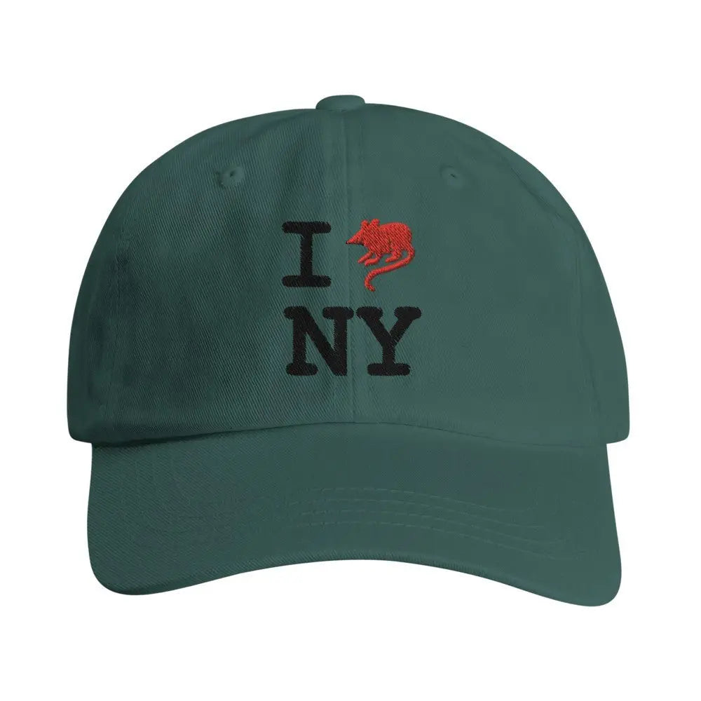 Green baseball cap with an embroidered design reading "I [rat graphic] NY." The iconic heart symbol is replaced with a red rat, giving a gritty, humorous twist to the classic "I heart NY" logo, reflecting New York City's urban charm and character.