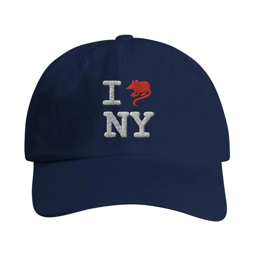 Blue baseball cap with an embroidered design reading "I [rat graphic] NY." The iconic heart symbol is replaced with a red rat, giving a gritty, humorous twist to the classic "I heart NY" logo, reflecting New York City's urban charm and character.