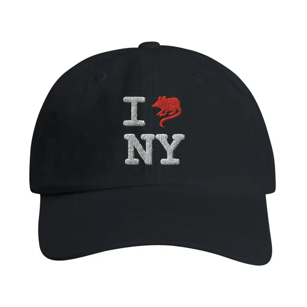 Black baseball cap with an embroidered design reading "I [rat graphic] NY." The iconic heart symbol is replaced with a red rat, giving a gritty, humorous twist to the classic "I love NY" logo, reflecting New York City's urban charm and character.