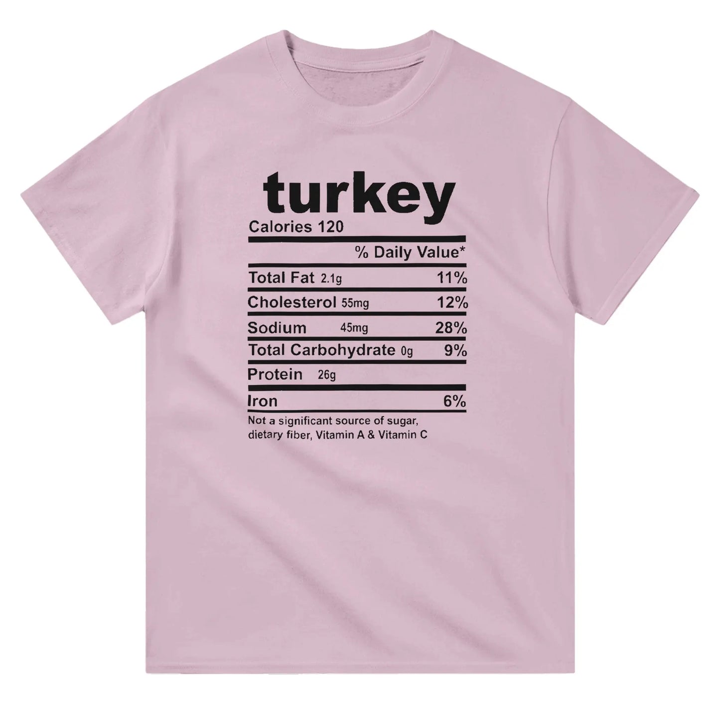 A pink T-shirt featuring a playful "Turkey Nutrition Facts" graphic in black text, designed to mimic a food label.