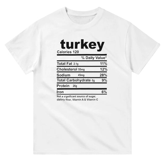 A white T-shirt featuring a playful "Turkey Nutrition Facts" graphic in black text, designed to mimic a food label.