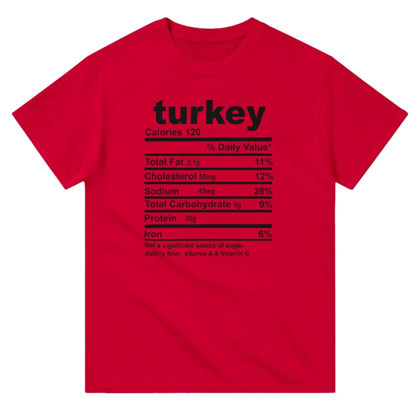 A red T-shirt featuring a playful "Turkey Nutrition Facts" graphic in black text, designed to mimic a food label.