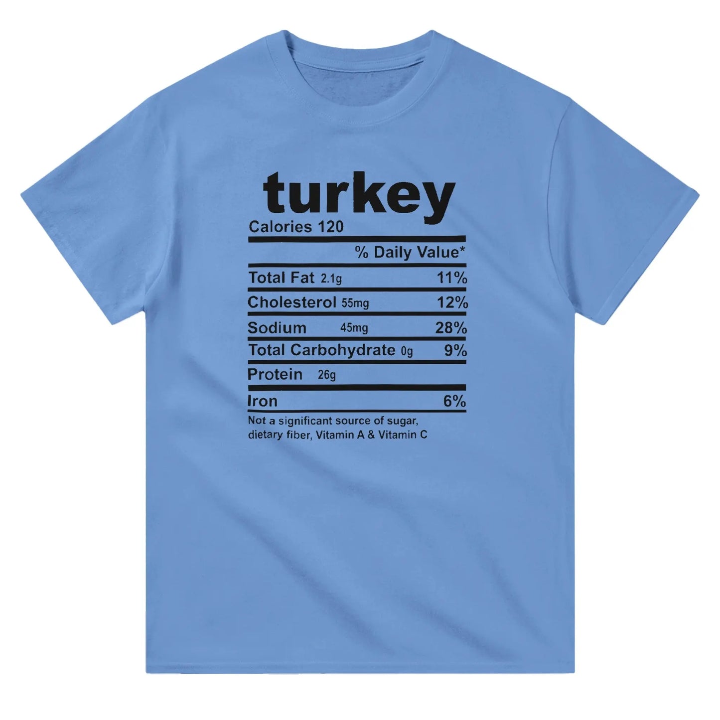 A blue T-shirt featuring a playful "Turkey Nutrition Facts" graphic in black text, designed to mimic a food label.