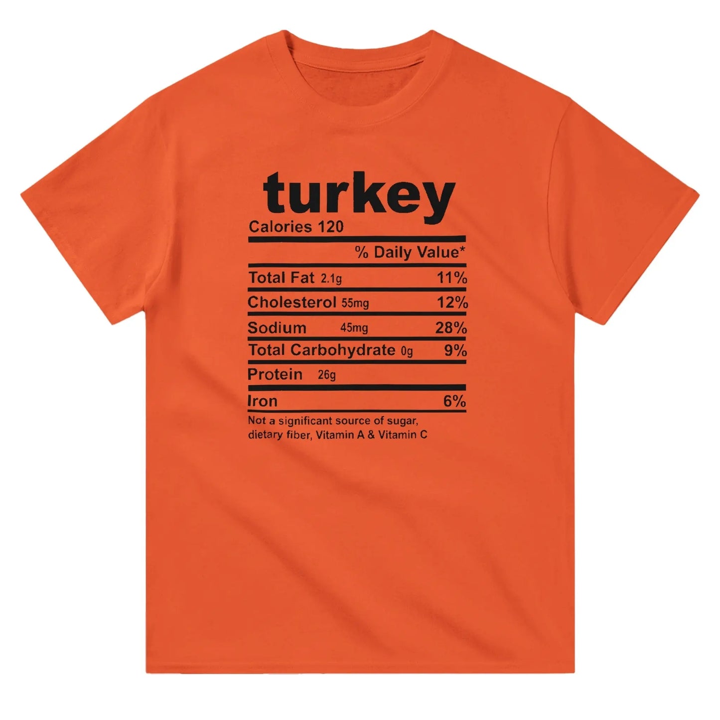 A orange T-shirt featuring a playful "Turkey Nutrition Facts" graphic in black text, designed to mimic a food label.