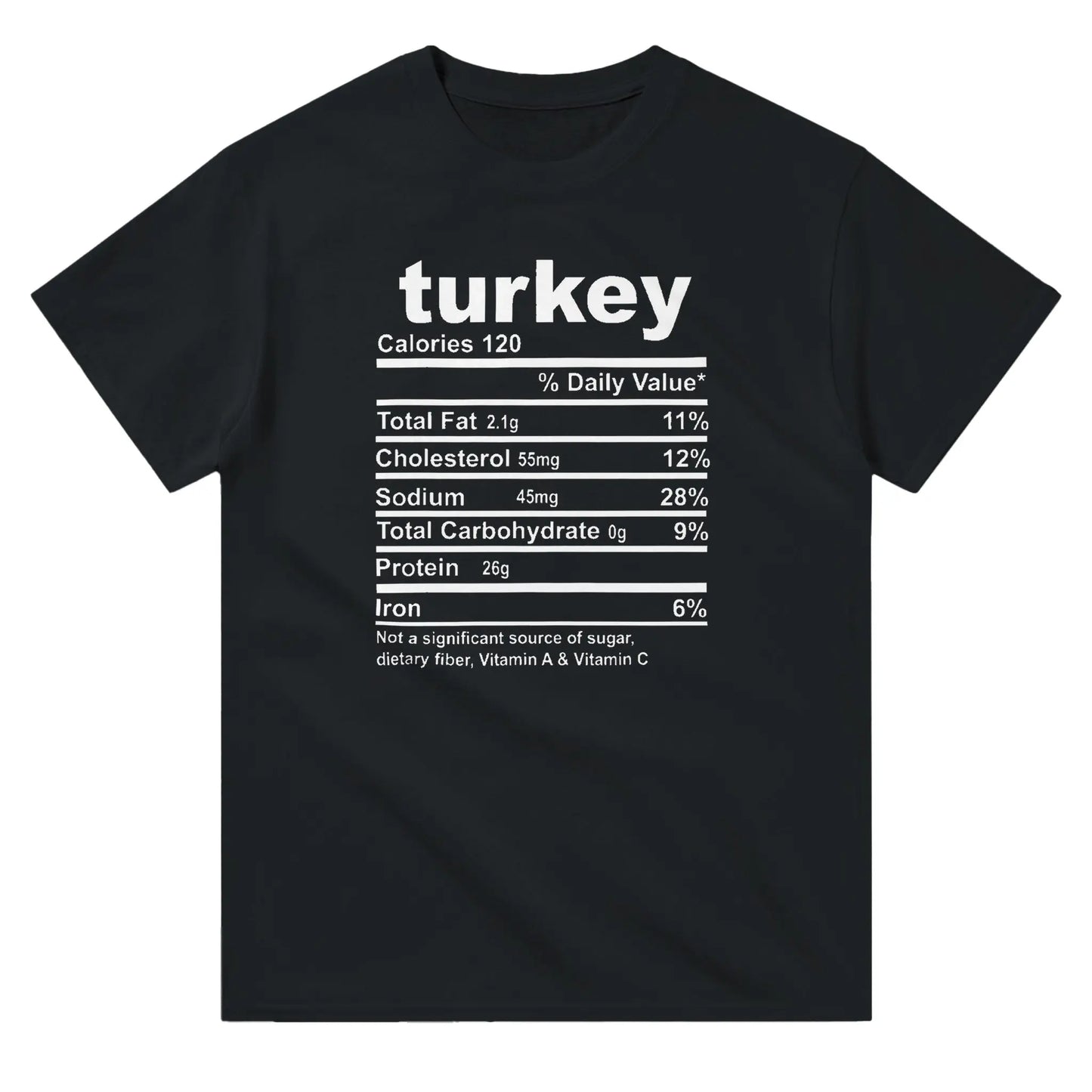 A black T-shirt featuring a playful "Turkey Nutrition Facts" graphic in black text, designed to mimic a food label.