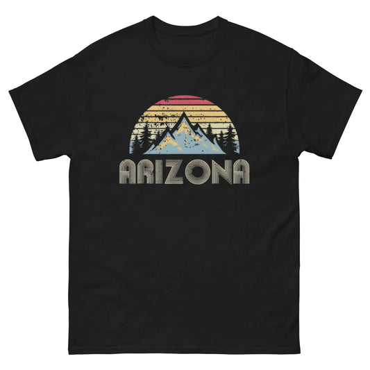 Black Arizona state graphic t-shirt with sunset, mountains, and pine trees.