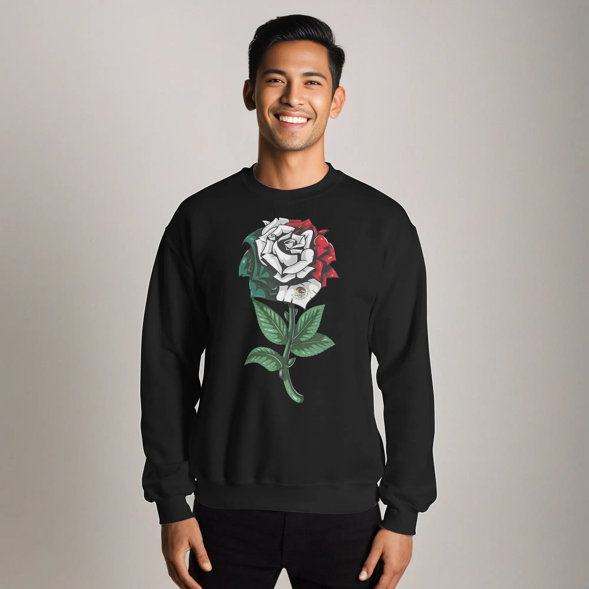 Black sweatshirt featuring a detailed rose with Mexican flag colors and emblem, symbolizing cultural pride.