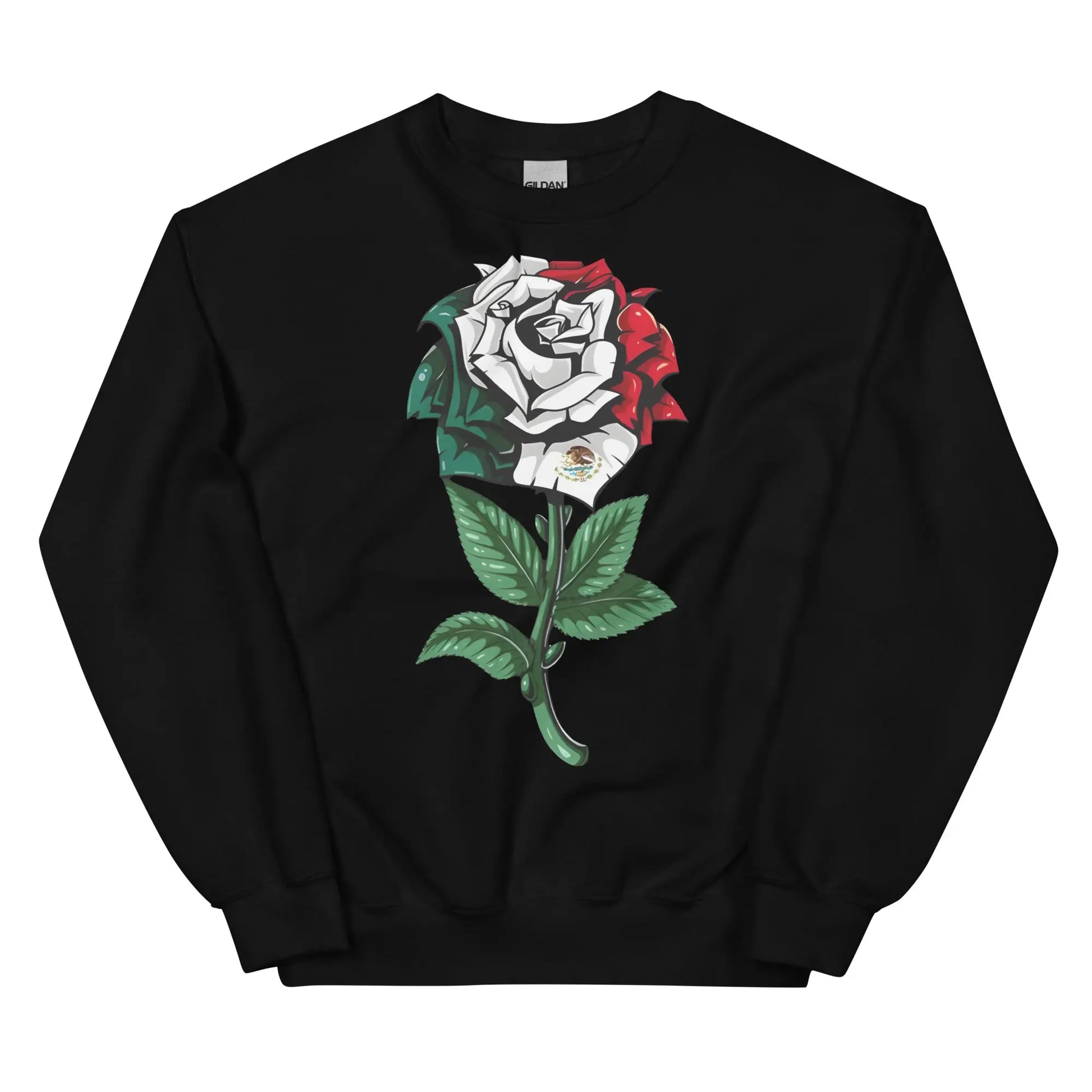 Black sweatshirt featuring a detailed rose with Mexican flag colors and emblem, symbolizing cultural pride.