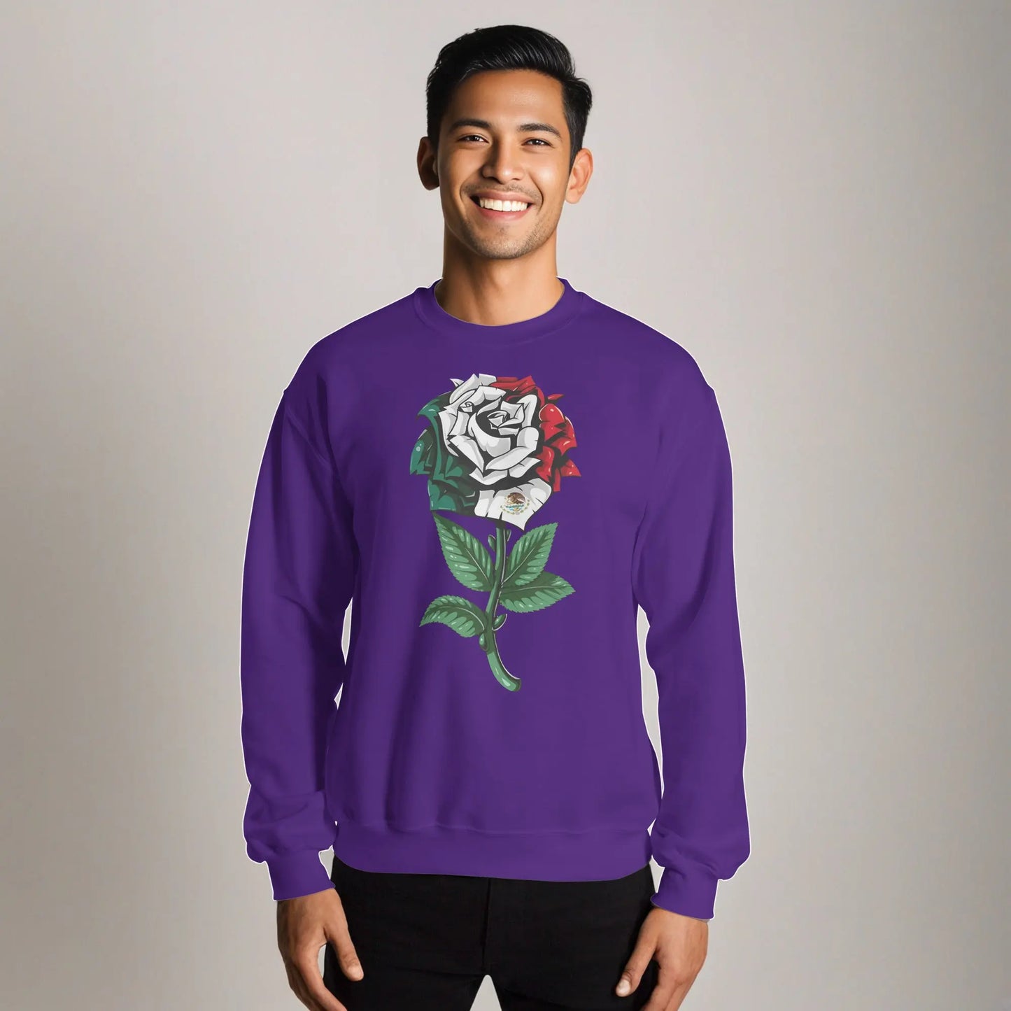 Purple sweatshirt featuring a detailed rose with Mexican flag colors and emblem, symbolizing cultural pride.