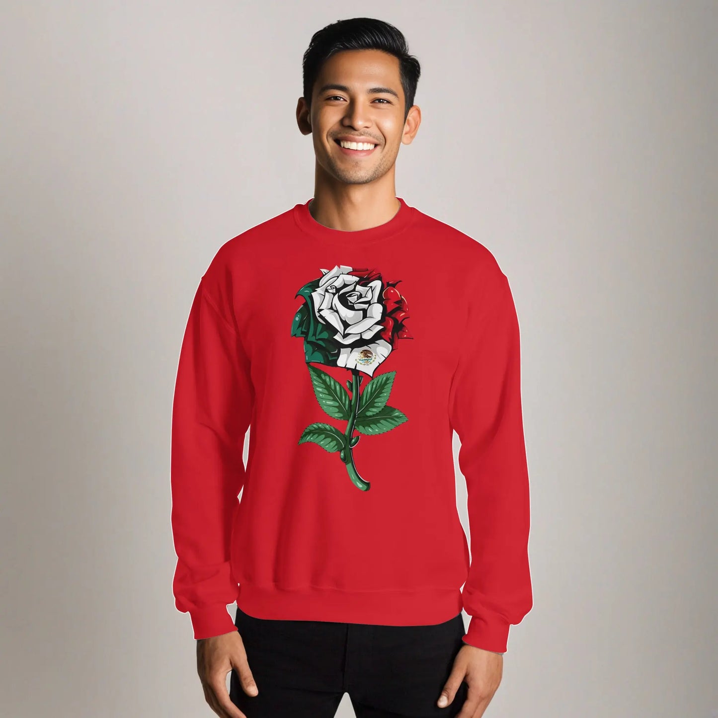 Red sweatshirt featuring a detailed rose with Mexican flag colors and emblem, symbolizing cultural pride.