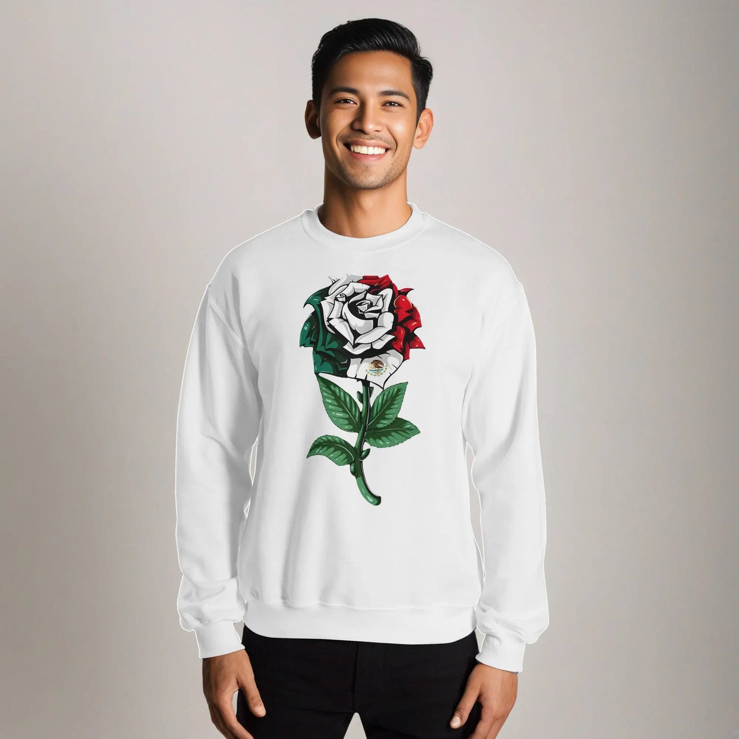 White sweatshirt featuring a detailed rose with Mexican flag colors and emblem, symbolizing cultural pride.